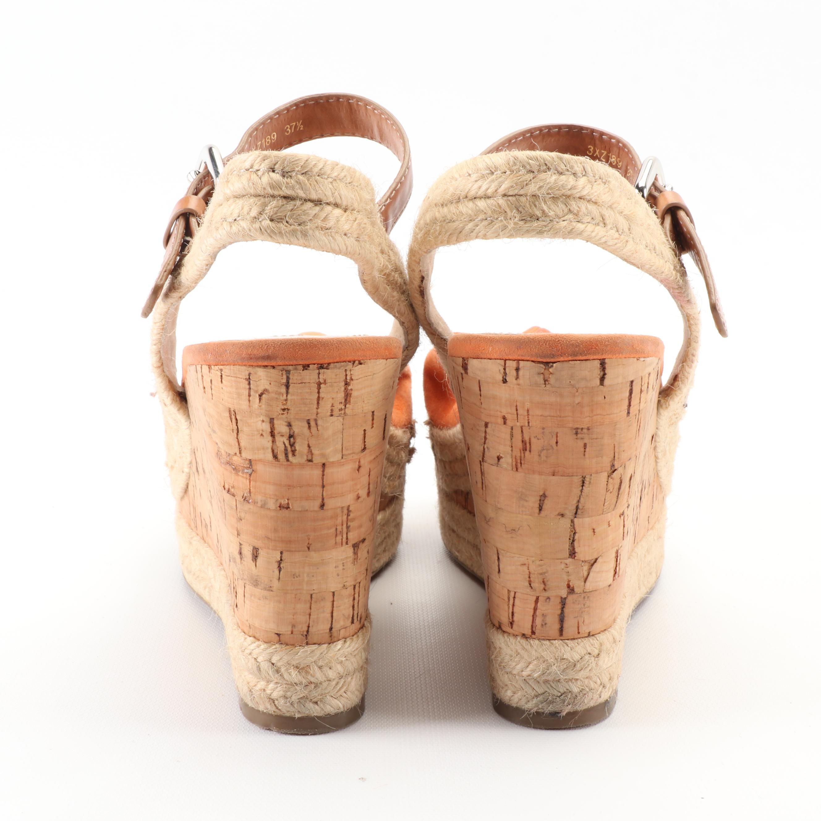 Prada Sport Knotted Orange Suede and Cork Espadrille Wedge Sandals
