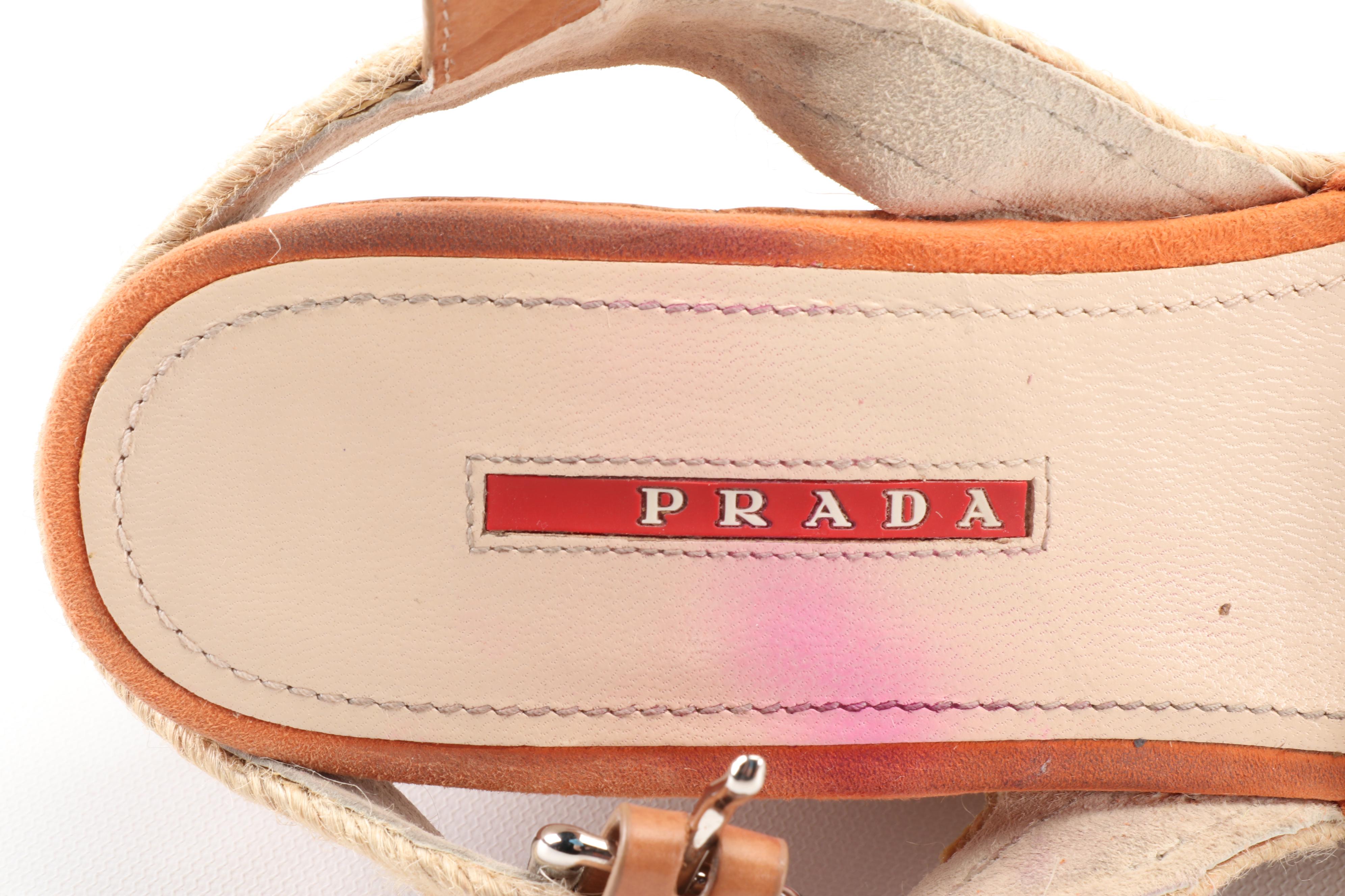 Prada Sport Knotted Orange Suede and Cork Espadrille Wedge Sandals