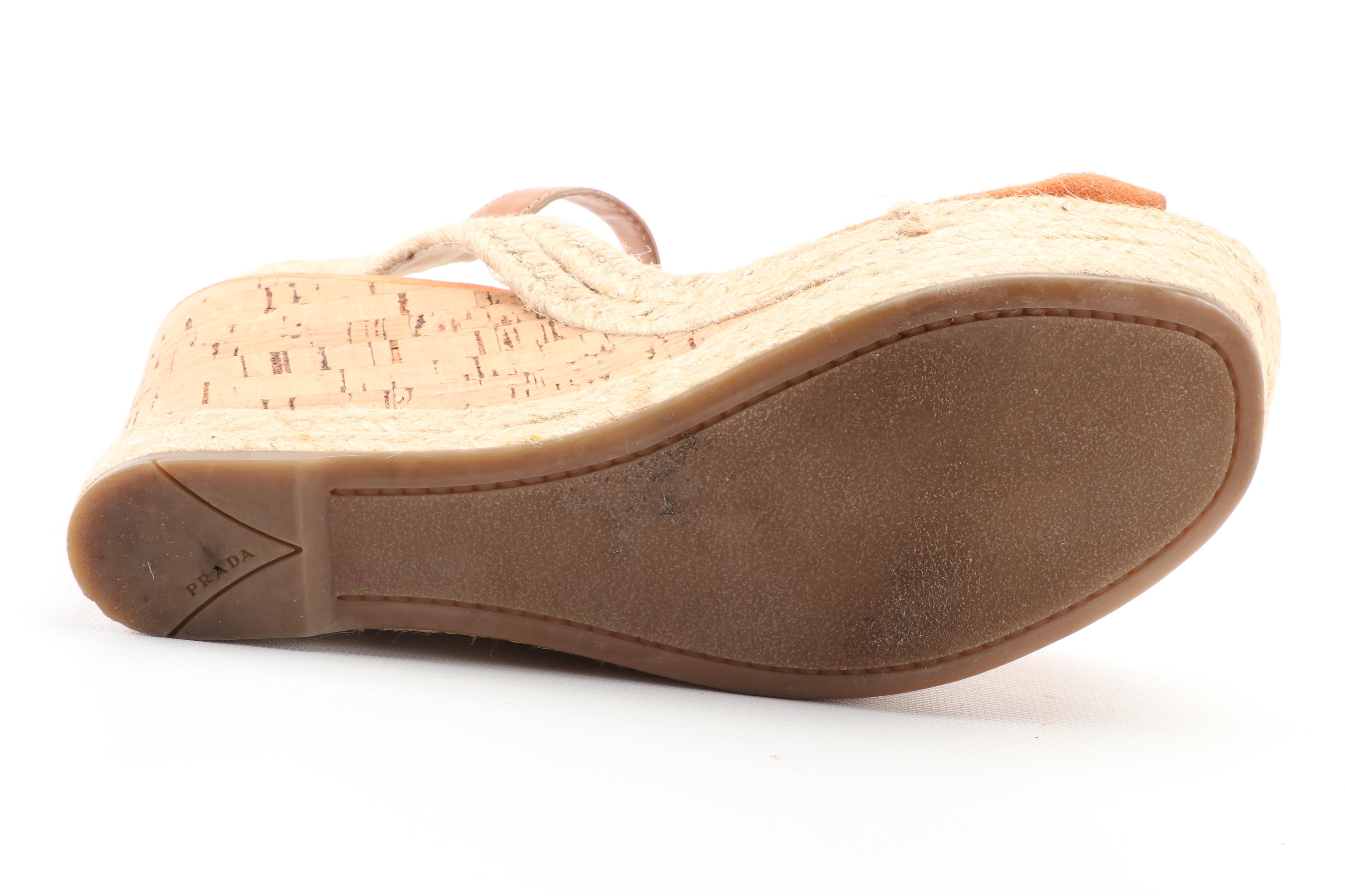 Prada Sport Knotted Orange Suede and Cork Espadrille Wedge Sandals