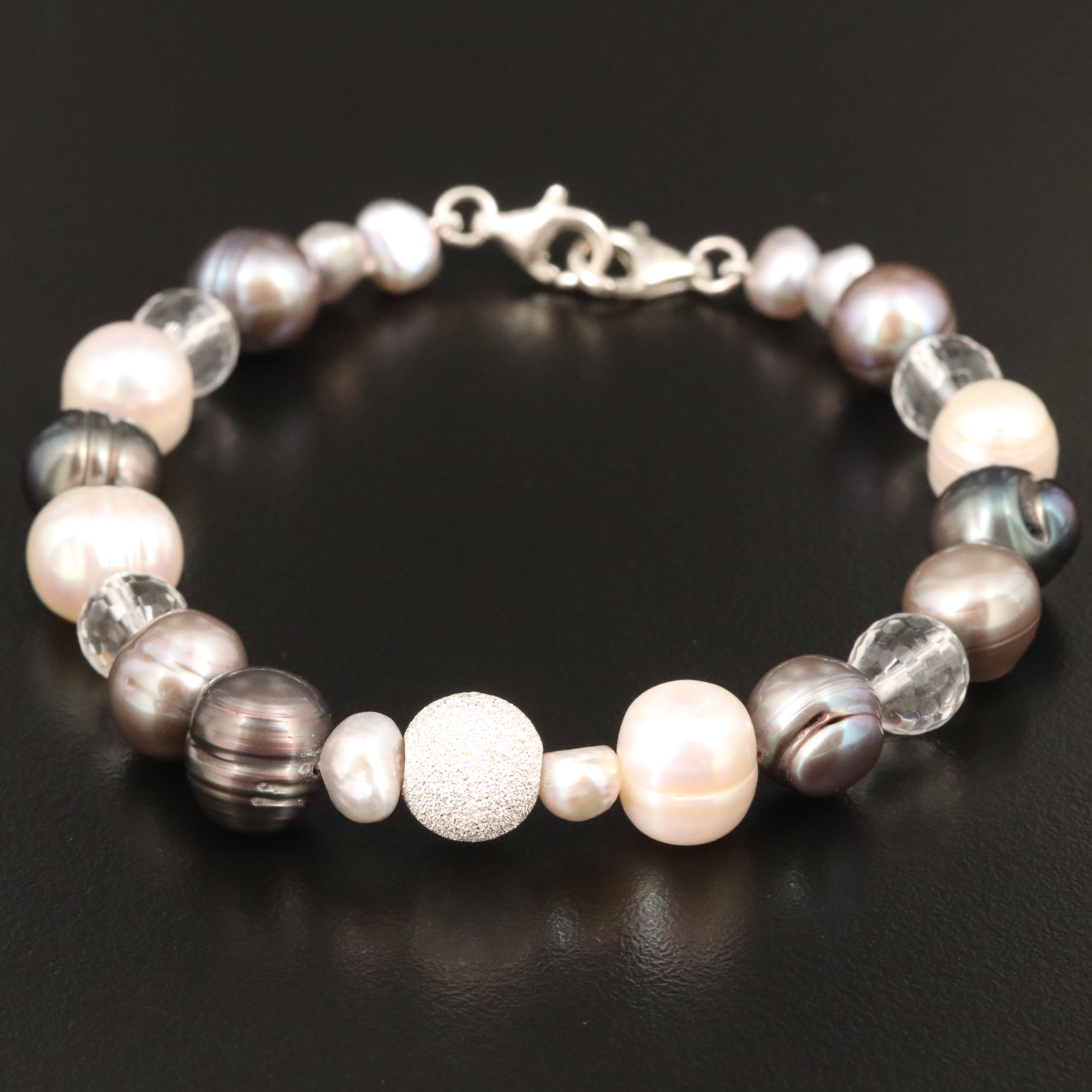 Pearl and Rock Crystal Quartz Bracelet with Sterling Clasp