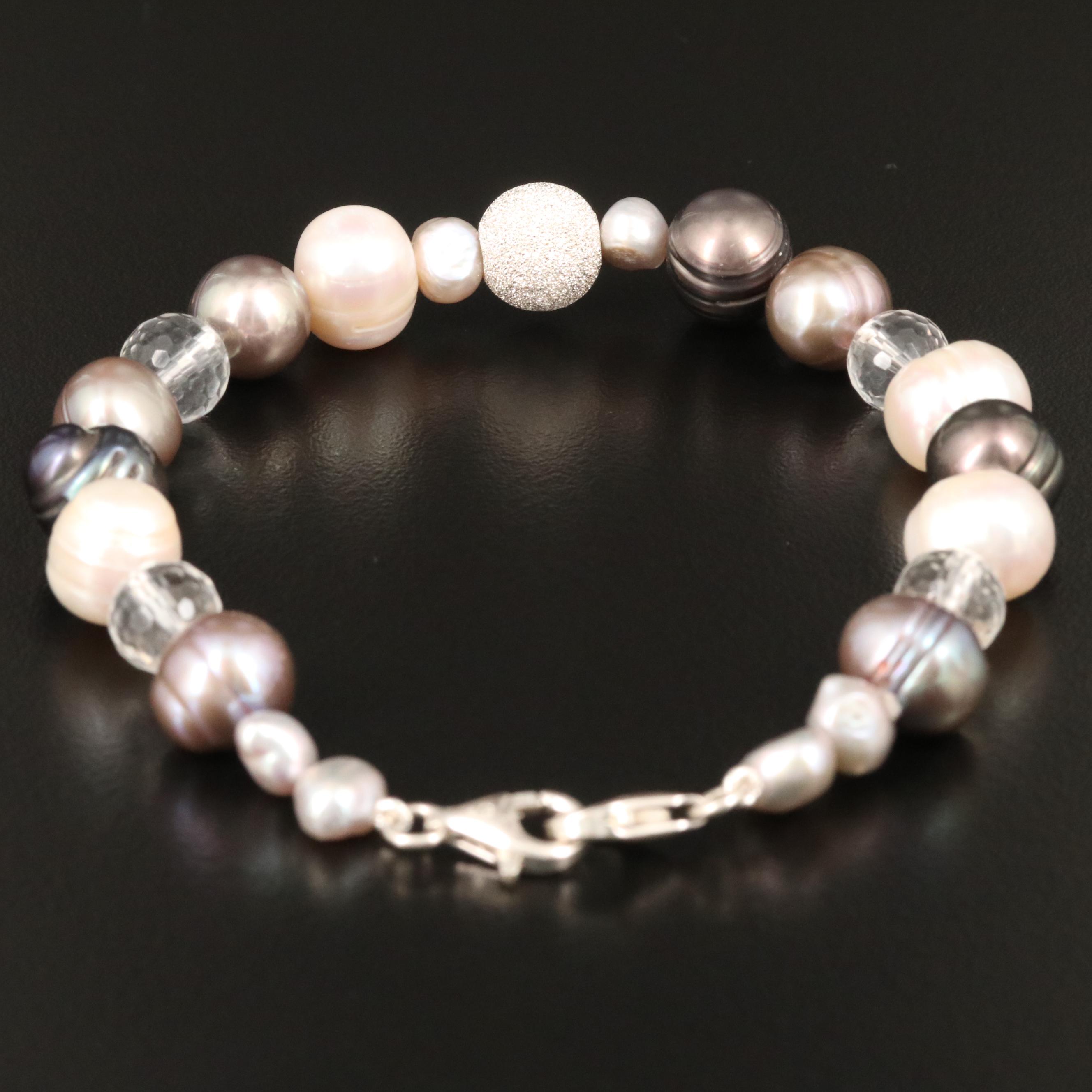Pearl and Rock Crystal Quartz Bracelet with Sterling Clasp