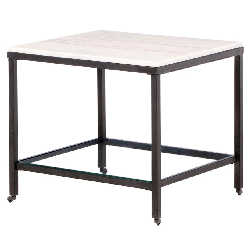 Modernist Style Metal, White Marble, and Tempered Glass Side Table