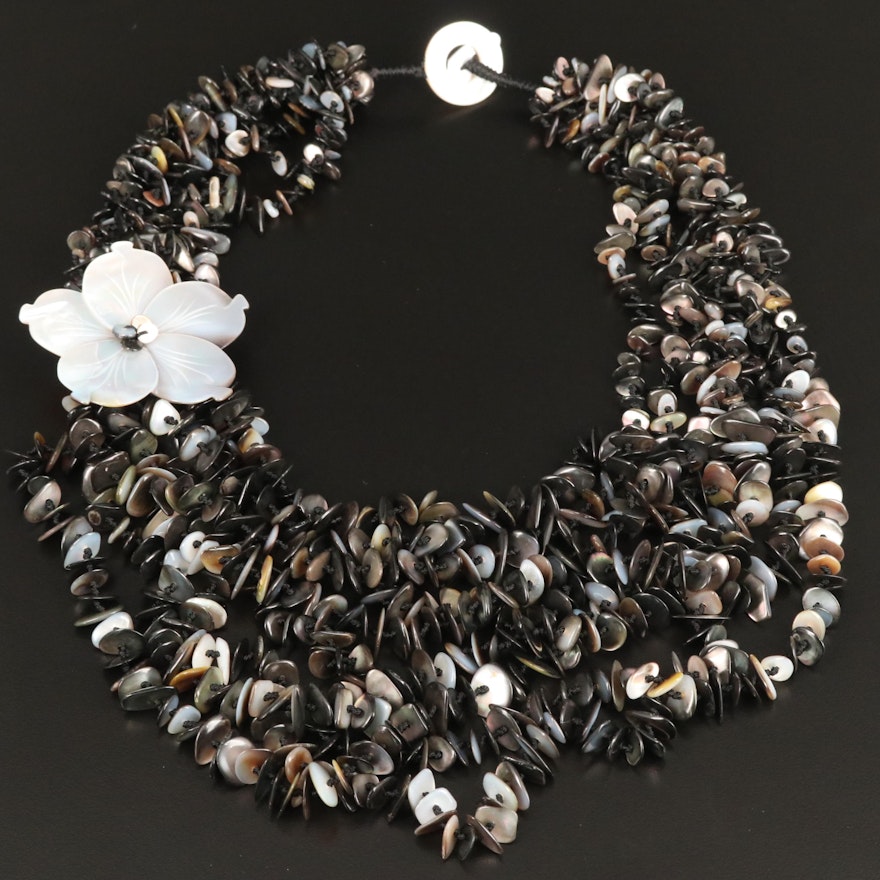 Shell and Mother of Pearl Floral Multi-Strand Necklace