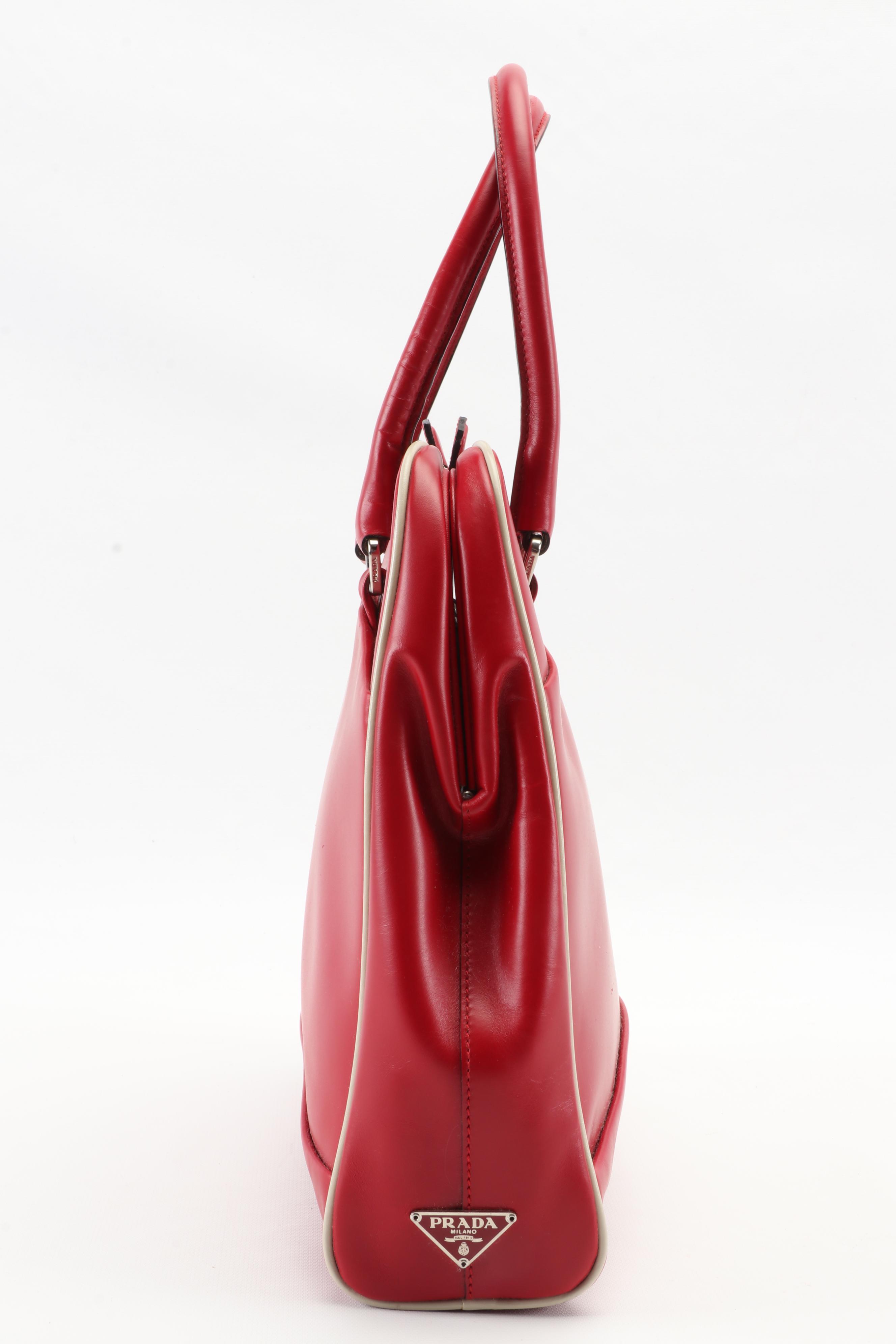 Prada Red Leather Vitello Frame Handbag with Off-White Leather Trim