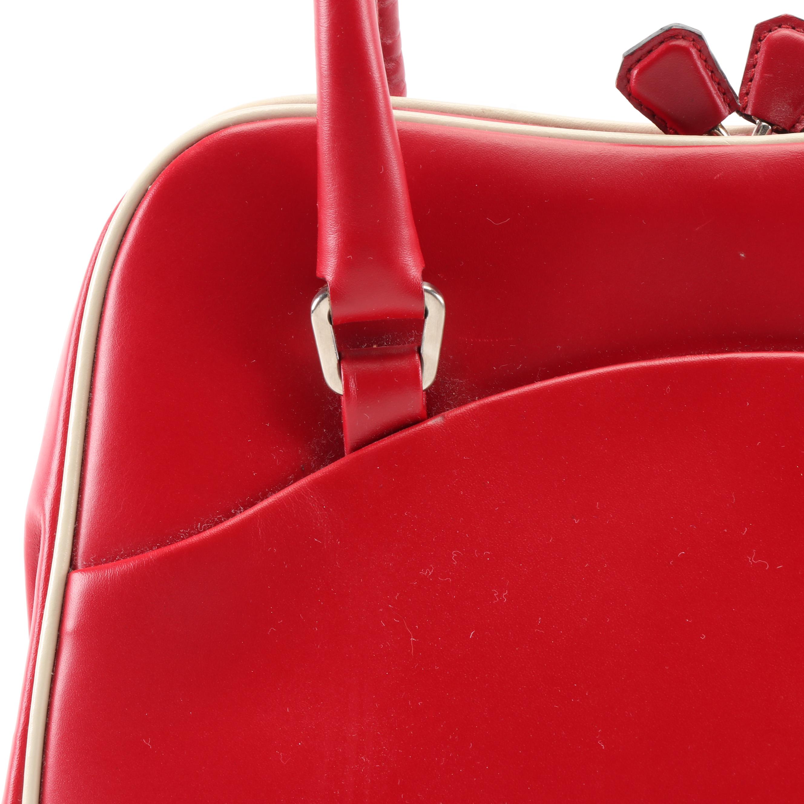 Prada Red Leather Vitello Frame Handbag with Off-White Leather Trim