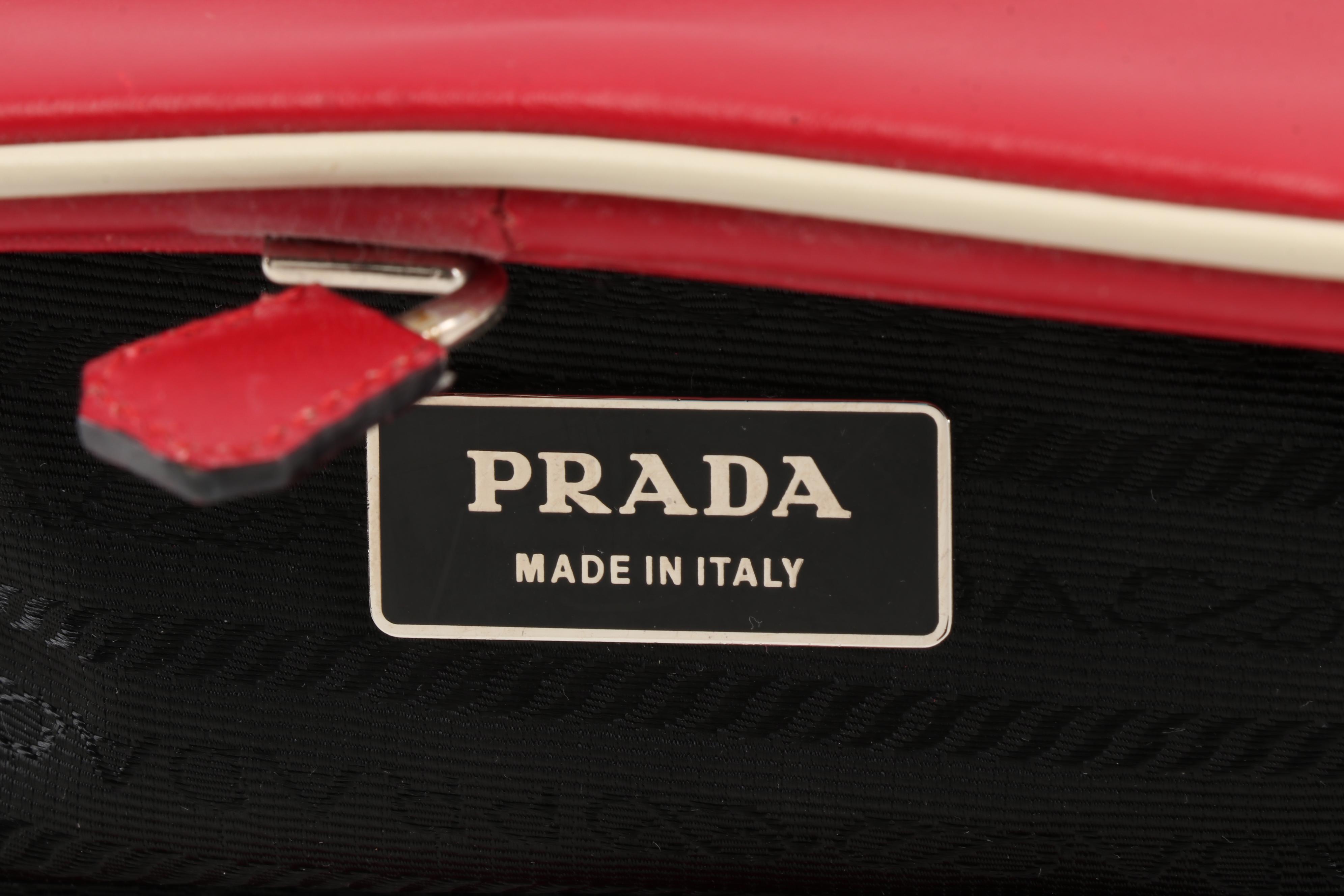 Prada Red Leather Vitello Frame Handbag with Off-White Leather Trim