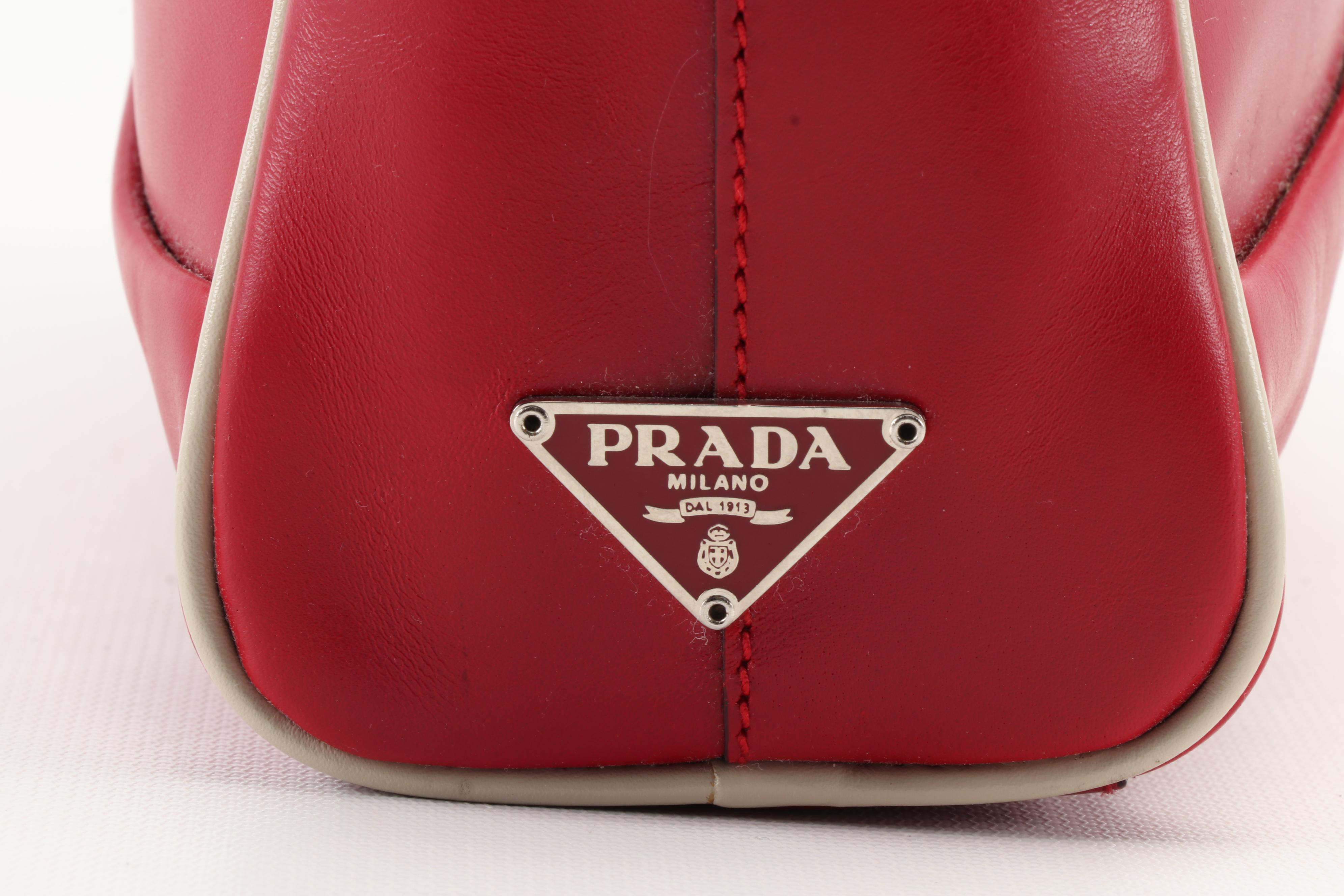 Prada Red Leather Vitello Frame Handbag with Off-White Leather Trim