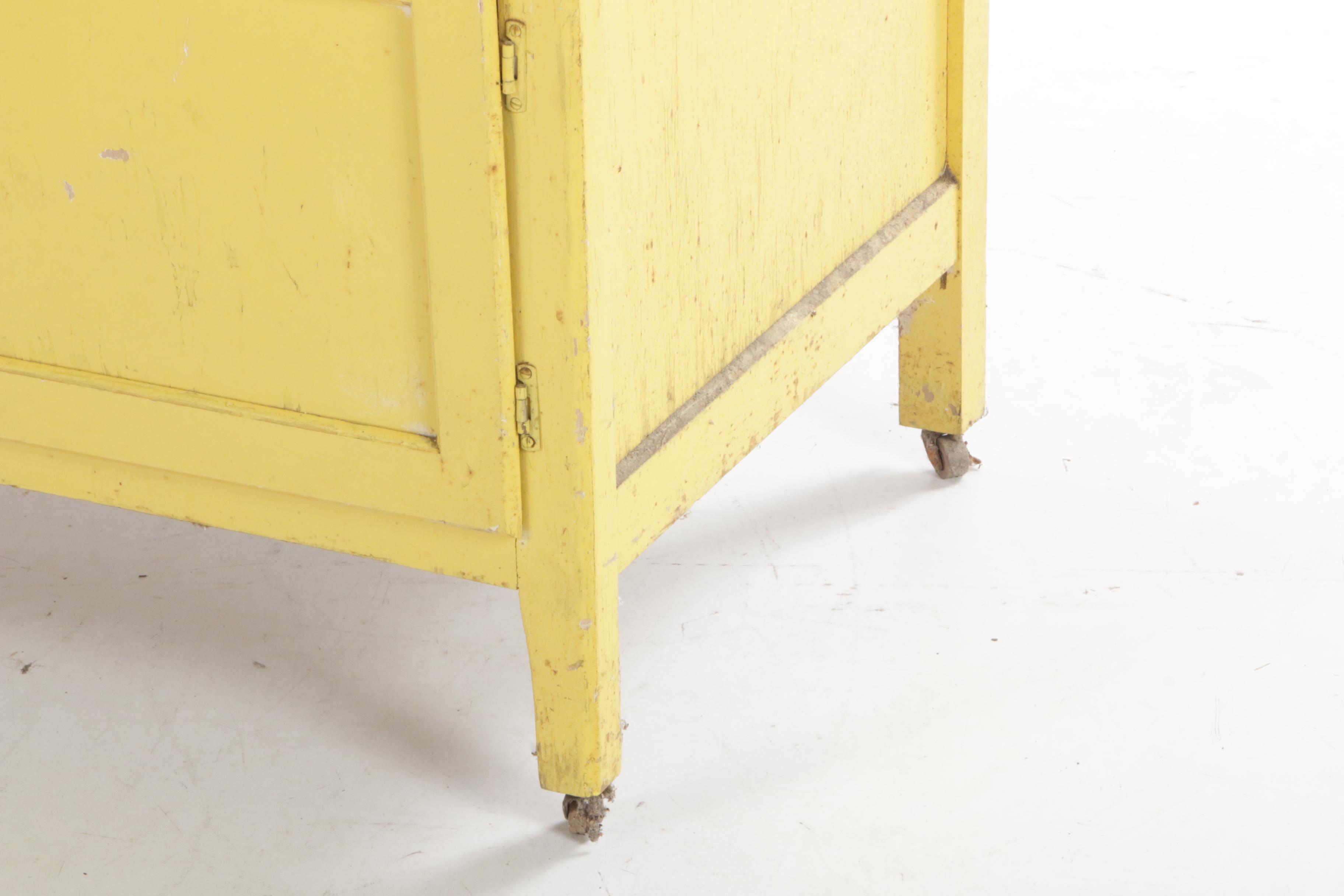Sears Roebuck Yellow-Painted Wood and Enamel Top Kitchen Work Cabinet, 1930s