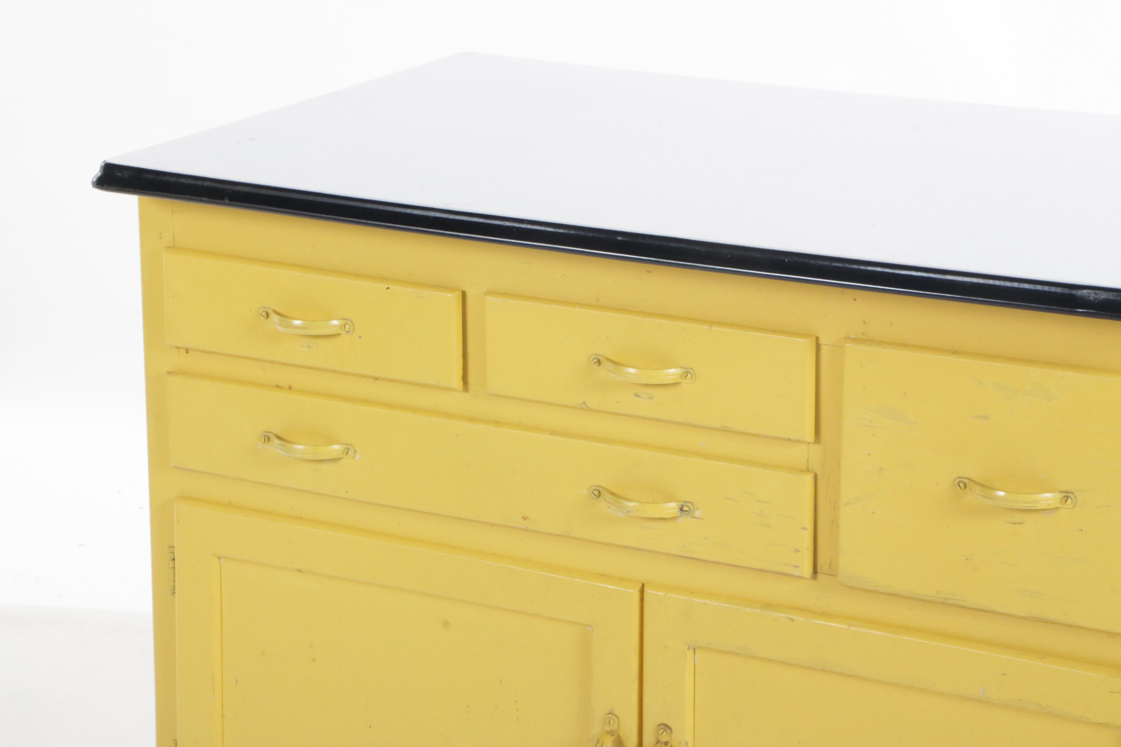 Sears Roebuck Yellow-Painted Wood and Enamel Top Kitchen Work Cabinet, 1930s