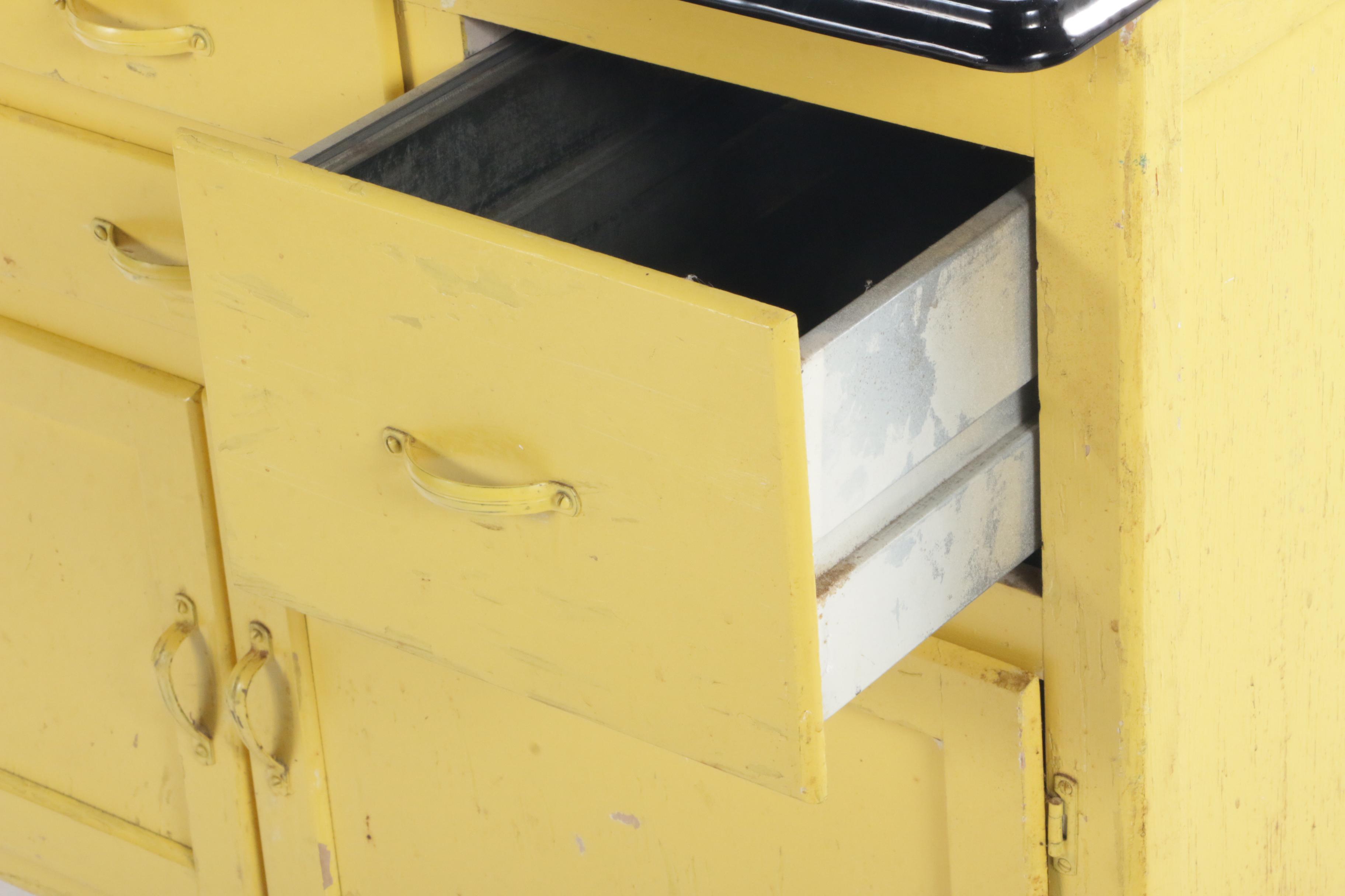 Sears Roebuck Yellow-Painted Wood and Enamel Top Kitchen Work Cabinet, 1930s