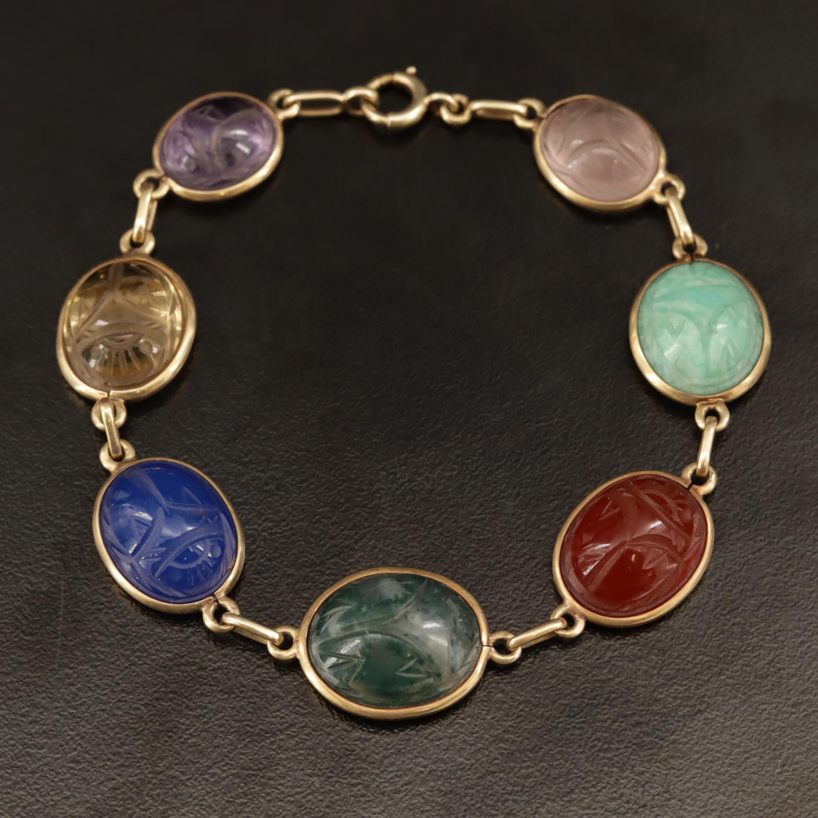 14K Scarab Bracelet with Moss Agate, Amazonite, Rose Quartz, Citrine and More