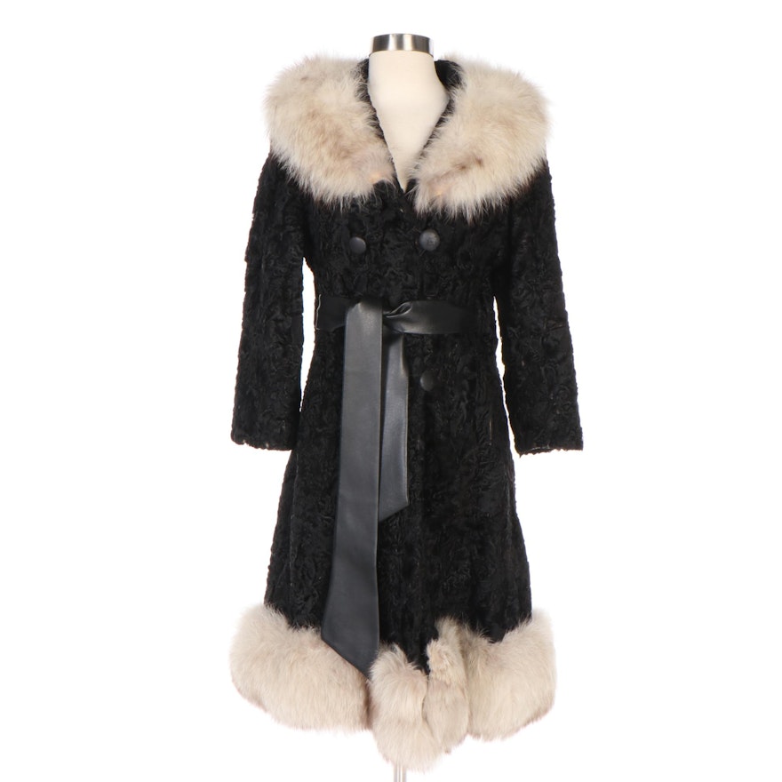 Persian Lamb and Fox Fur Trim Coat with Tie Belt from Brandenburg Furs