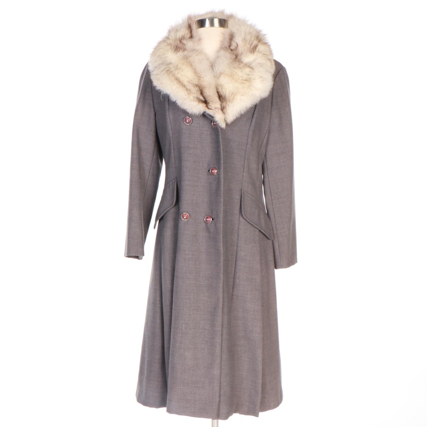 Holly Poplin Gray Double-Breasted Woolen Coat with Fox Fur Trim