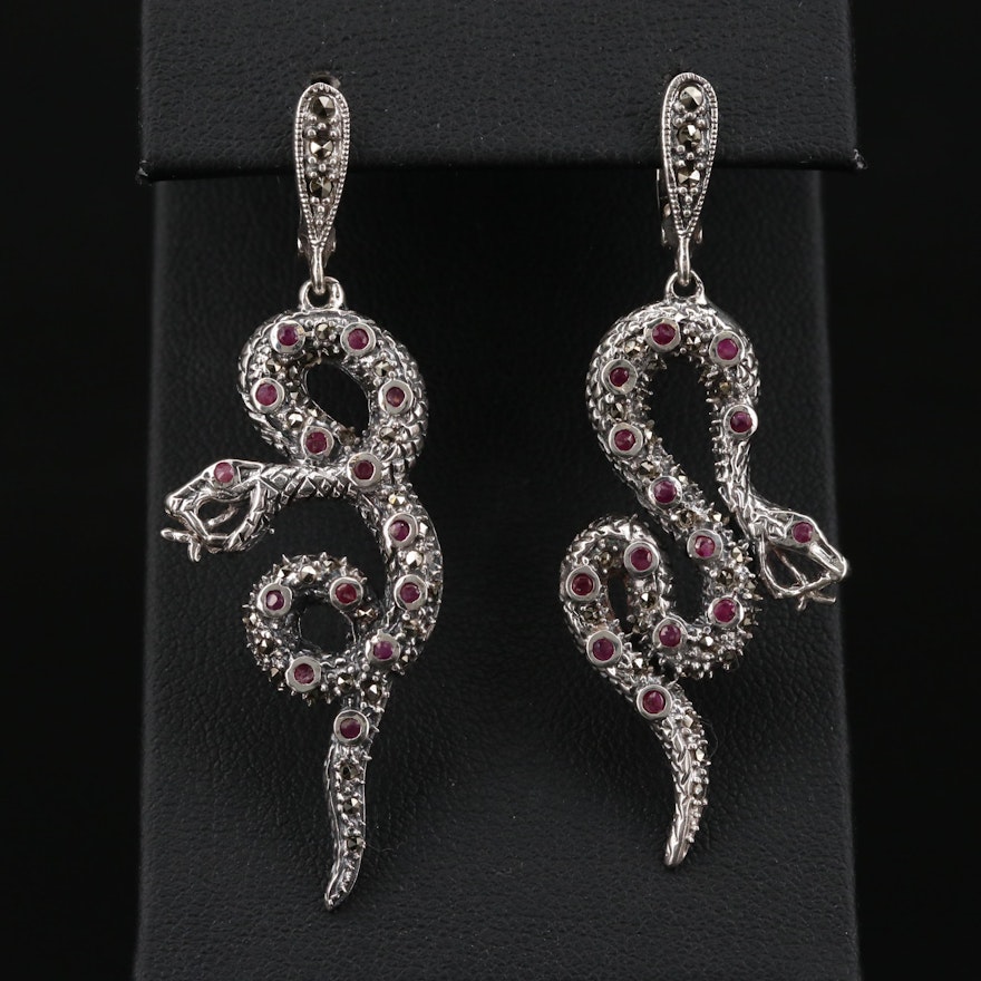 Sterling Silver Ruby and Marcasite Serpent Dangle Earrings