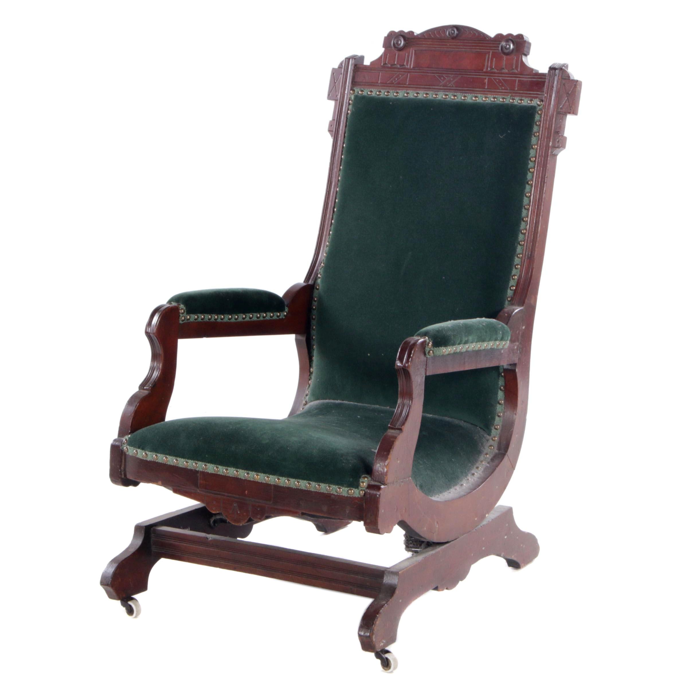 Victorian, Eastlake Style Velvet-Upholstered Walnut Platform Rocking Chair