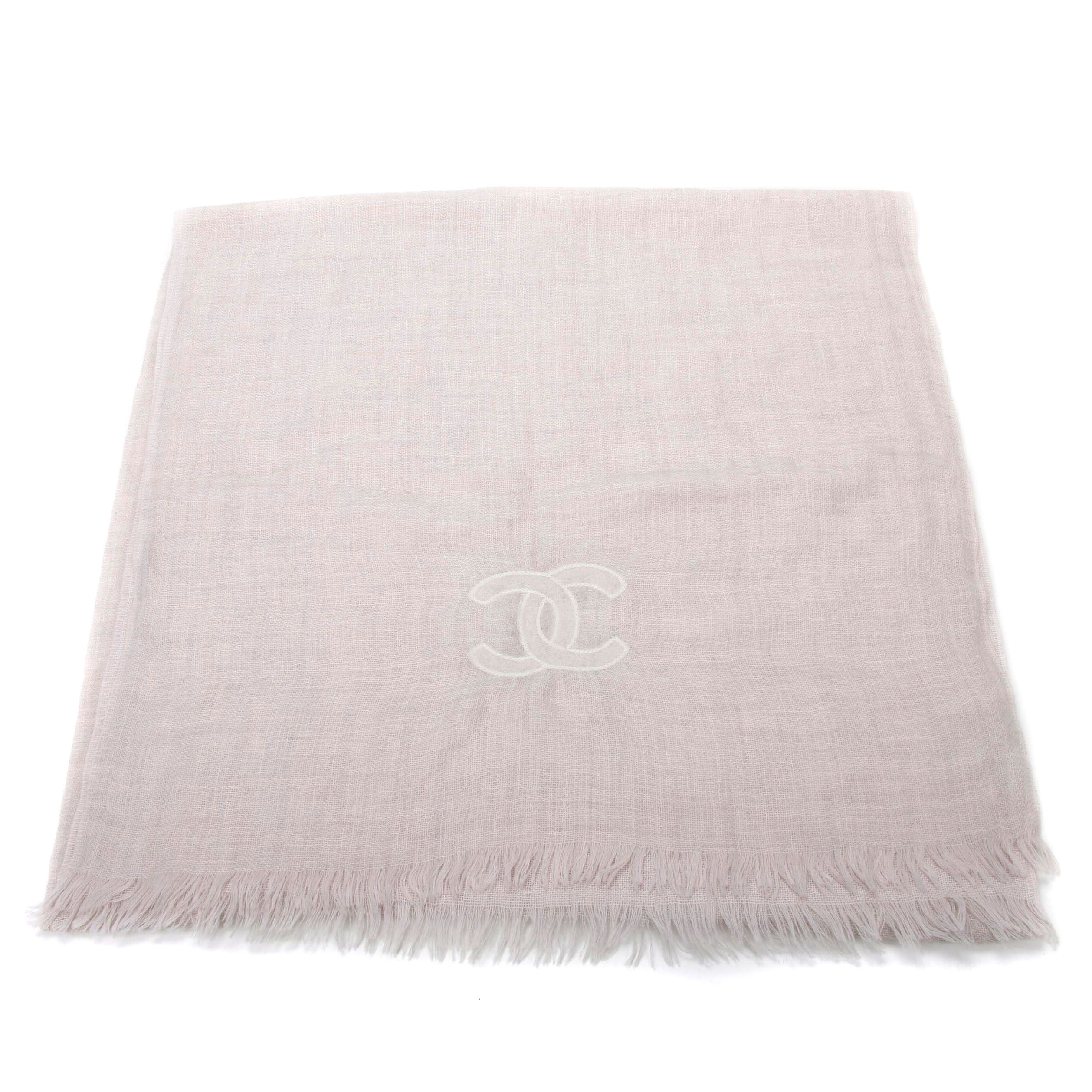 Chanel CC Cashmere Scarf in Beige with Raw Edge Fringed Trim