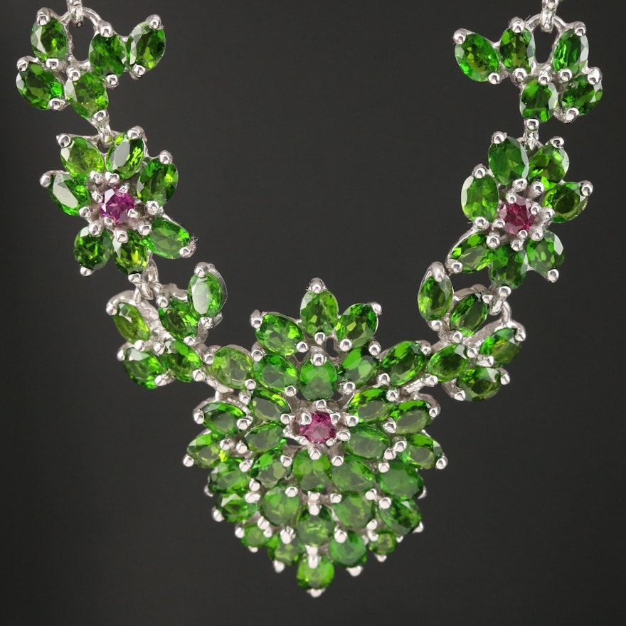 Sterling Diopside and Garnet Floral Necklace