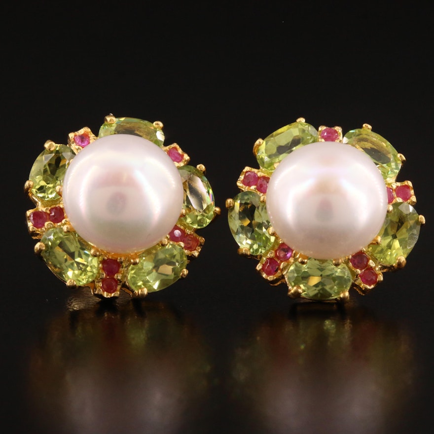 Sterling Pearl, Peridot and Ruby Button Earrings