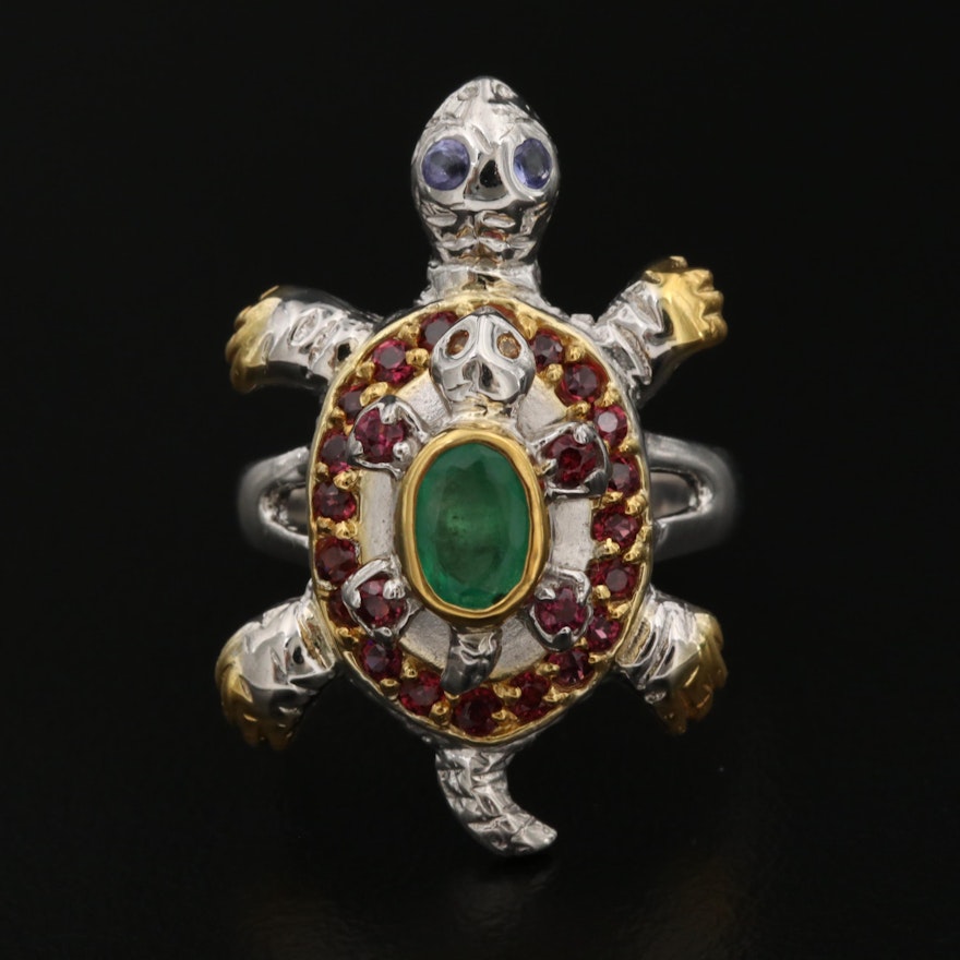 Sterling Silver Tanzanite, Emerald and Garnet Twin Turtle Ring
