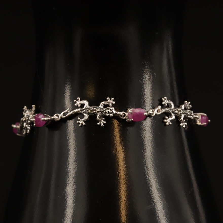 Sterling Silver Ruby and Marcasite Gecko Motif Link Bracelet