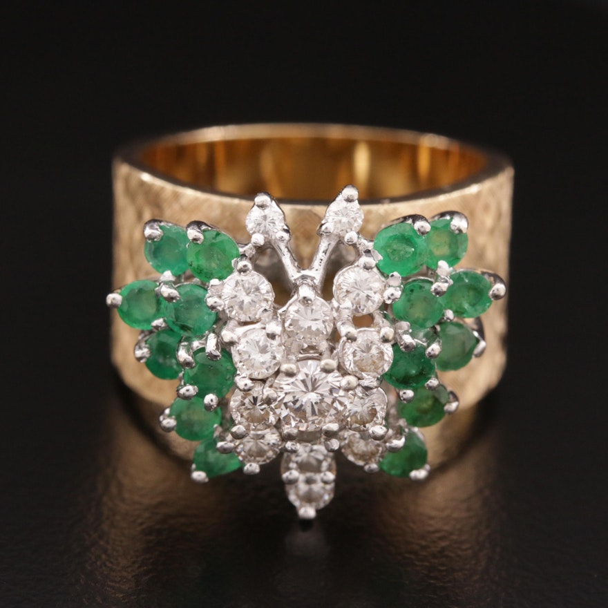 Vintage 14K Gold Florentine Emerald and Diamond Butterfly Motif Ring