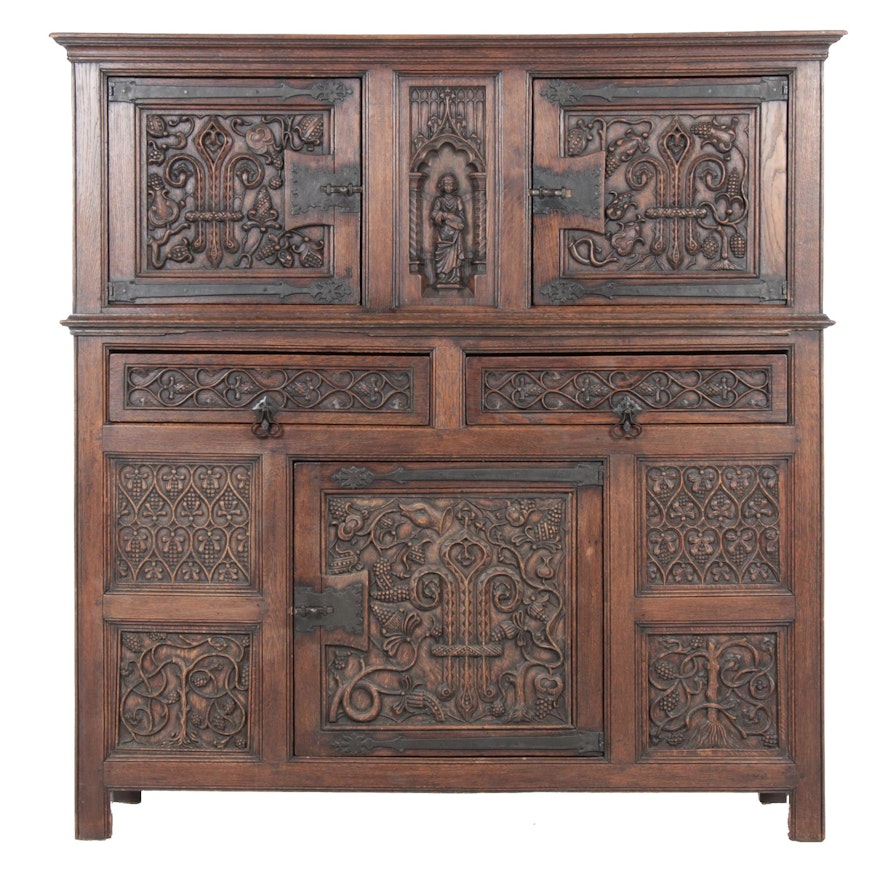 Gothic Revival Carved Oak Cabinet, Belgium, 20th Century