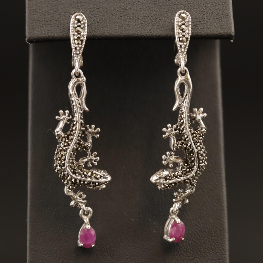 Sterling Silver Ruby and Marcasite Gecko Lizard Motif Dangle Earrings