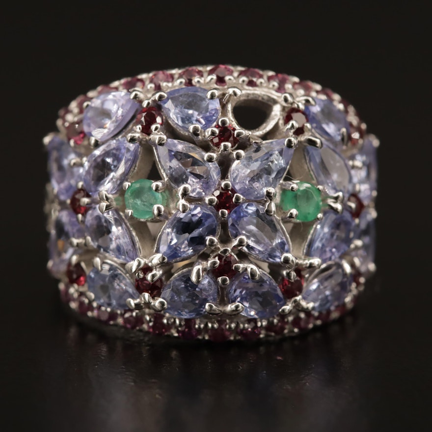 Sterling Silver Tanzanite, Emerald and Garnet Cluster Dome Ring