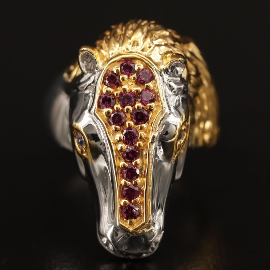 Sterling Silver Garnet and Tanzanite Equestrian Ring