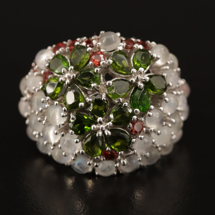 Sterling Silver Opal, Diopside and Garnet Floral Dome Ring