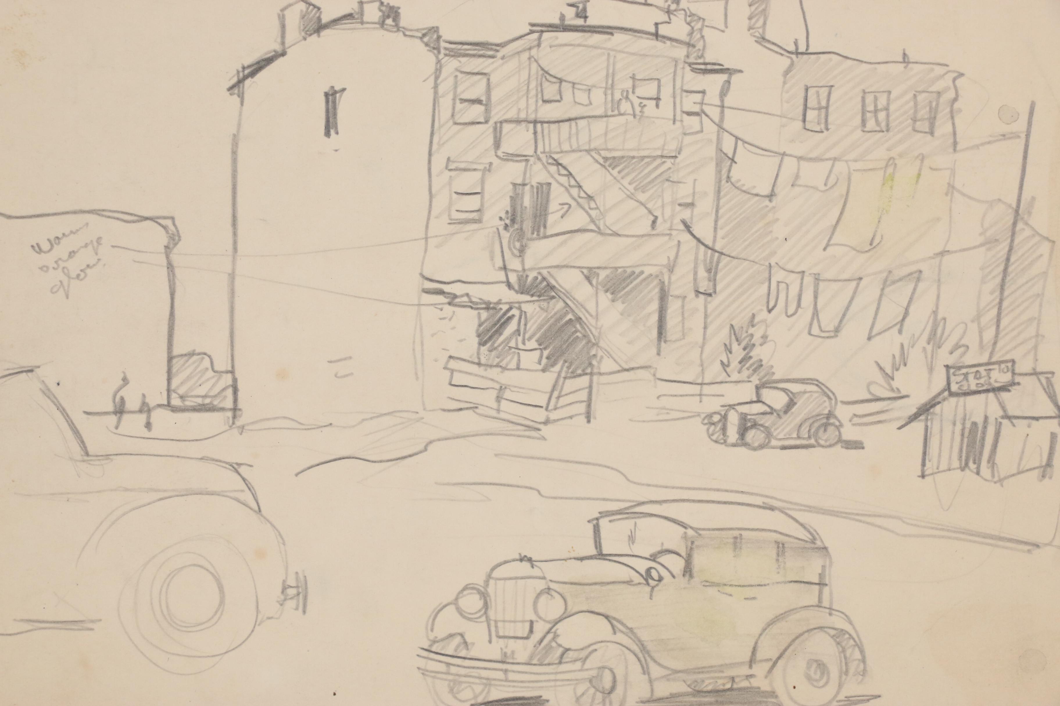 Henry Gasser Graphite Sketch of Street Scene, 20th Century