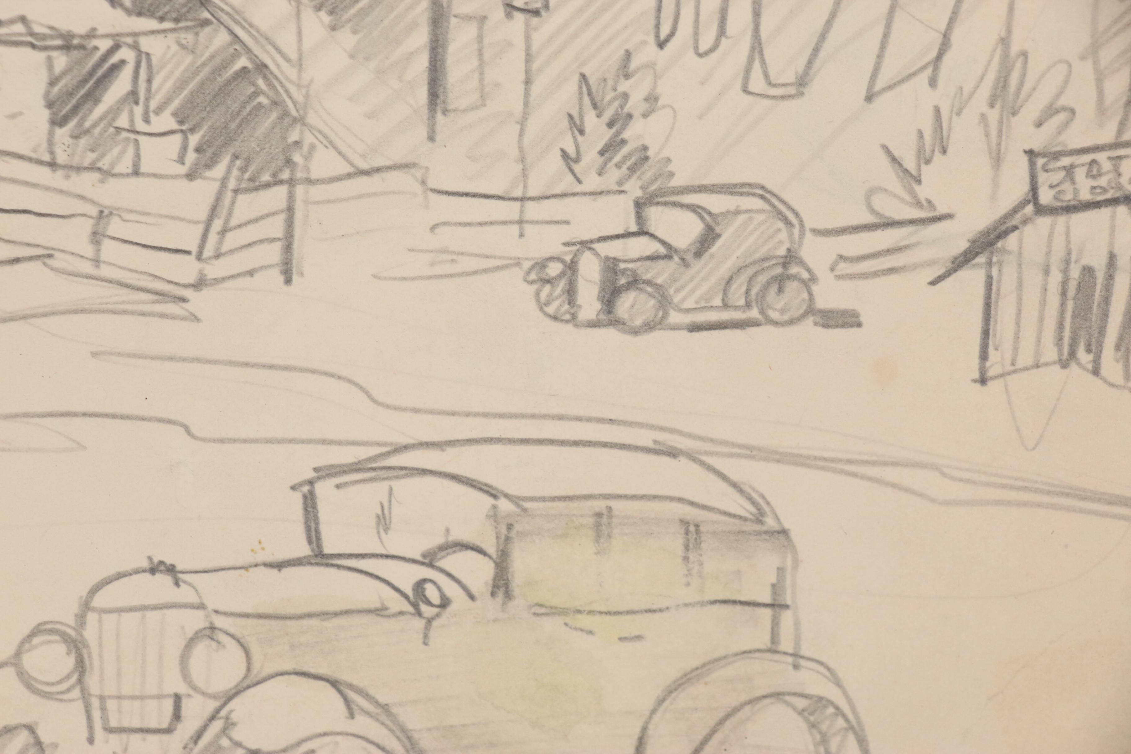 Henry Gasser Graphite Sketch of Street Scene, 20th Century