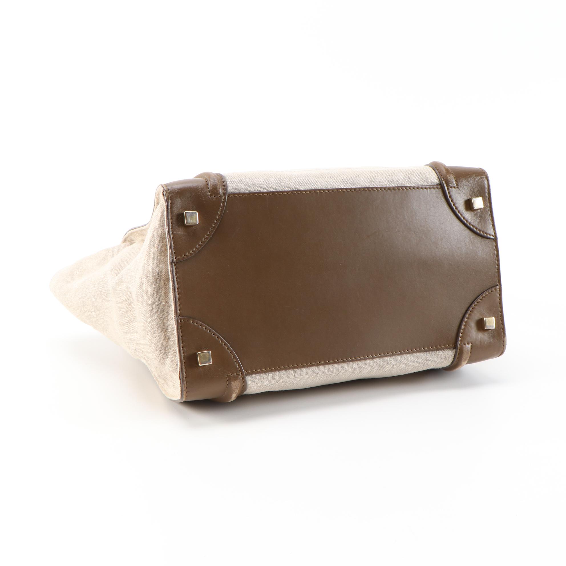 Céline Mini Luggage Tote Bag in Tan/Brown Calfskin Leather and Beige Canvas
