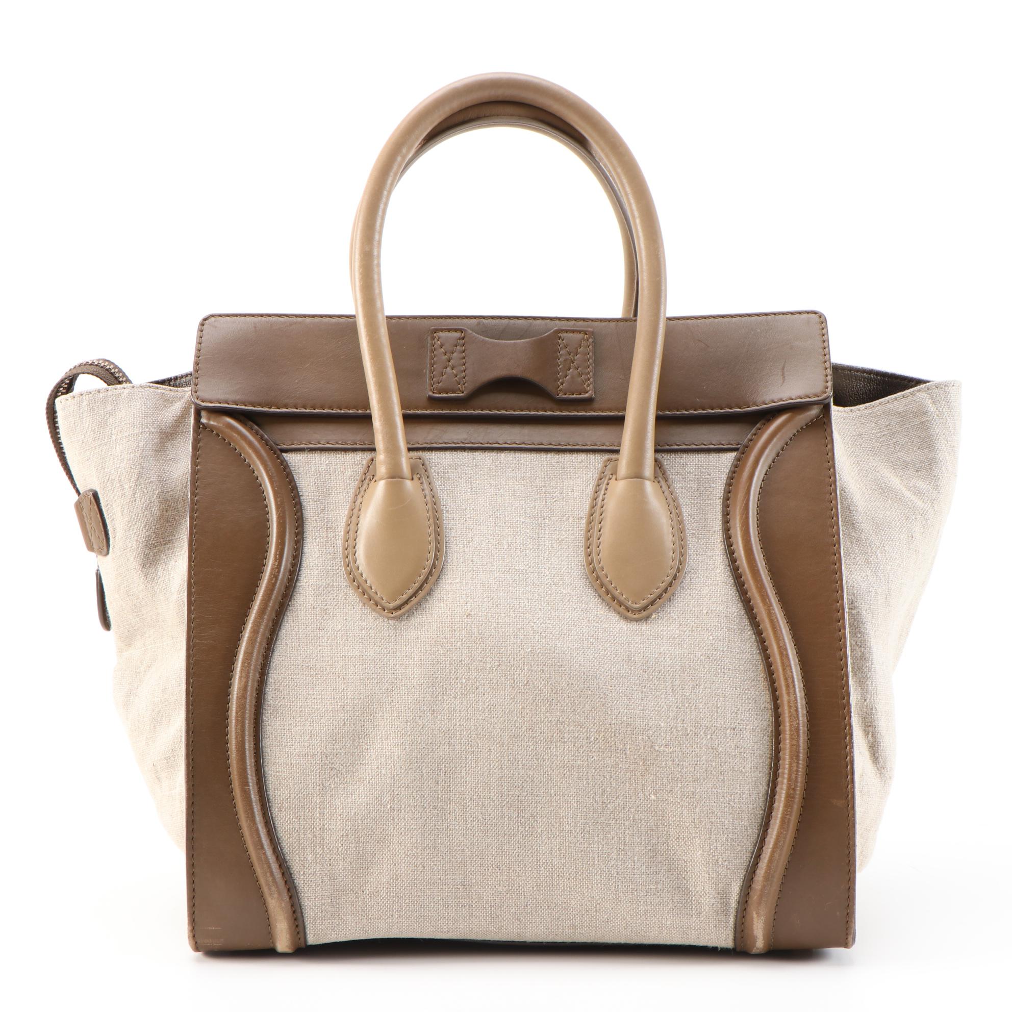 Céline Mini Luggage Tote Bag in Tan/Brown Calfskin Leather and Beige Canvas