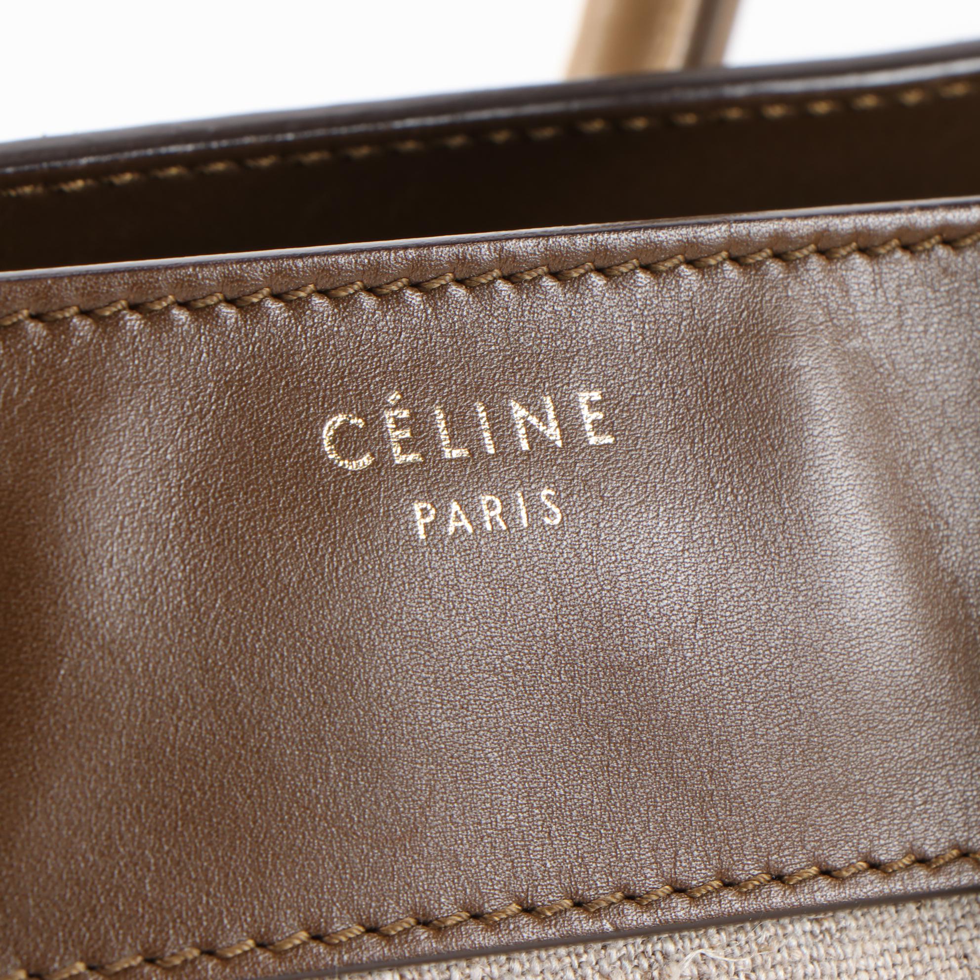 Céline Mini Luggage Tote Bag in Tan/Brown Calfskin Leather and Beige Canvas