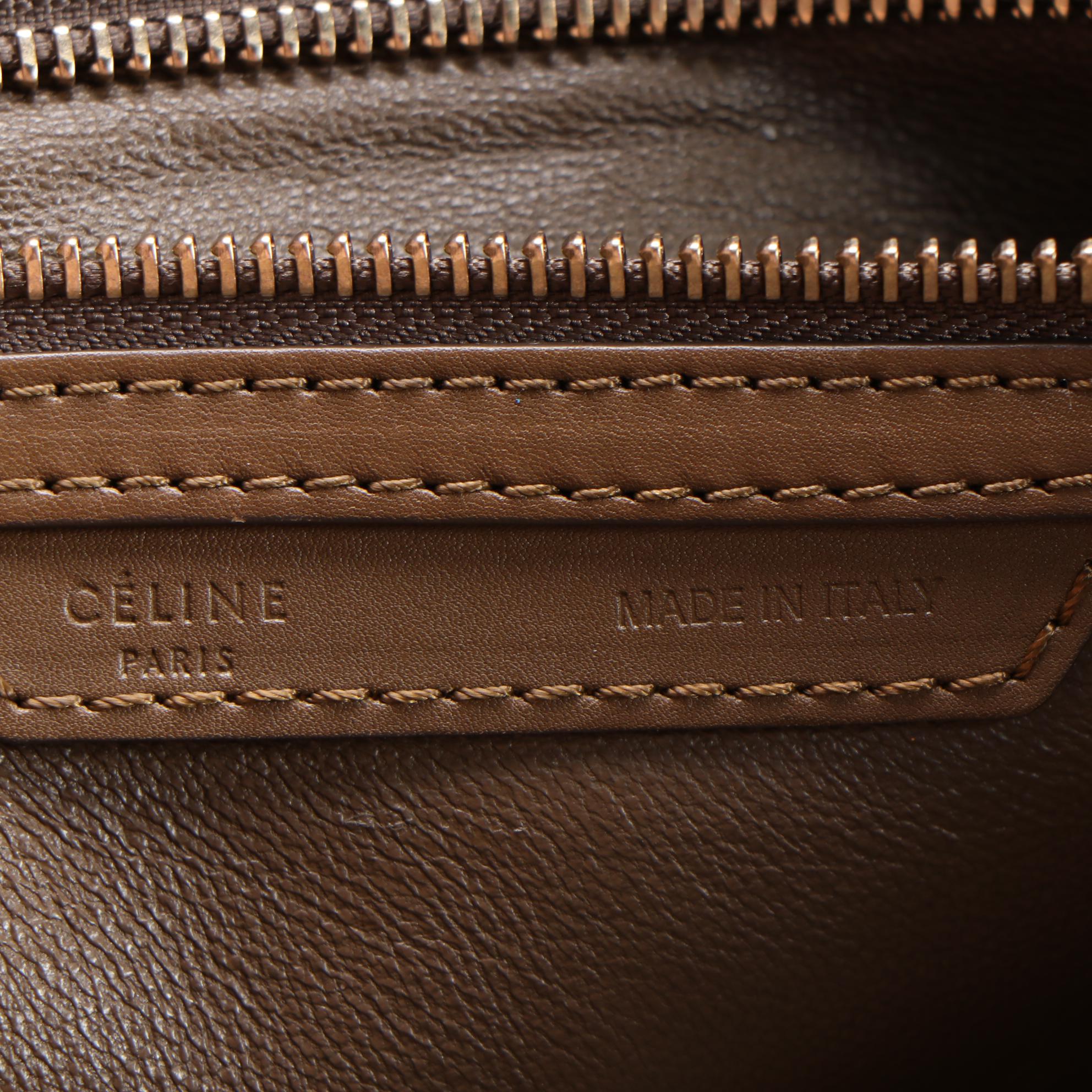 Céline Mini Luggage Tote Bag in Tan/Brown Calfskin Leather and Beige Canvas