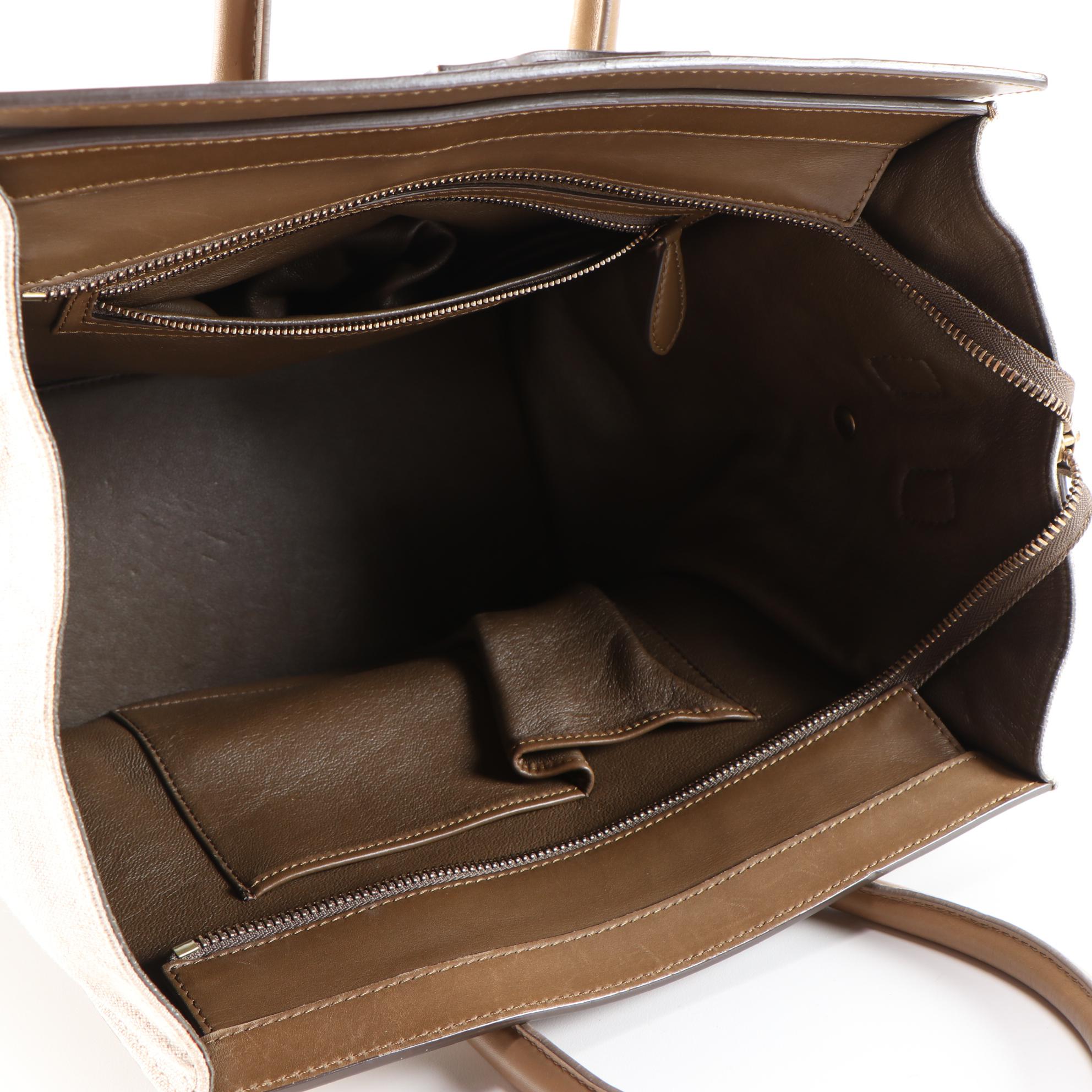 Céline Mini Luggage Tote Bag in Tan/Brown Calfskin Leather and Beige Canvas