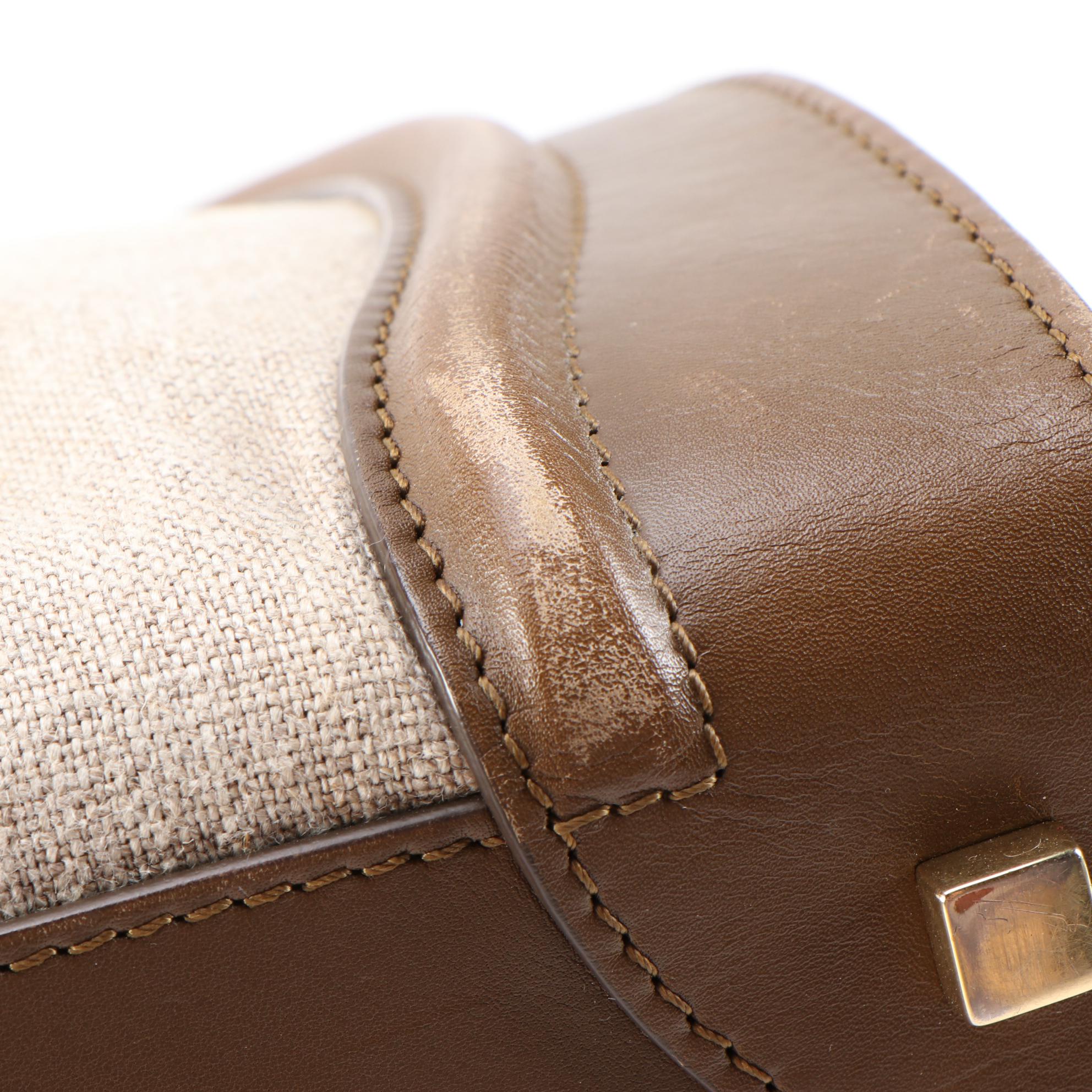 Céline Mini Luggage Tote Bag in Tan/Brown Calfskin Leather and Beige Canvas