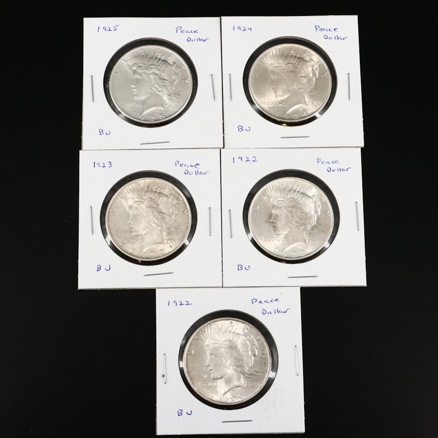 Five Uncirculated Peace Silver Dollars, 1922 to 1925