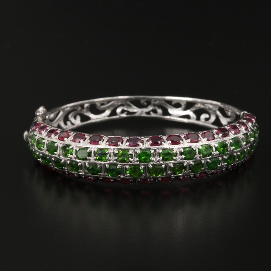 Sterling Silver Diopside and Rhodolite Garnet Hinged Bracelet