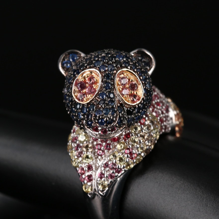 Sterling Silver Fancy Colored Sapphire Ring with Lemur Motif