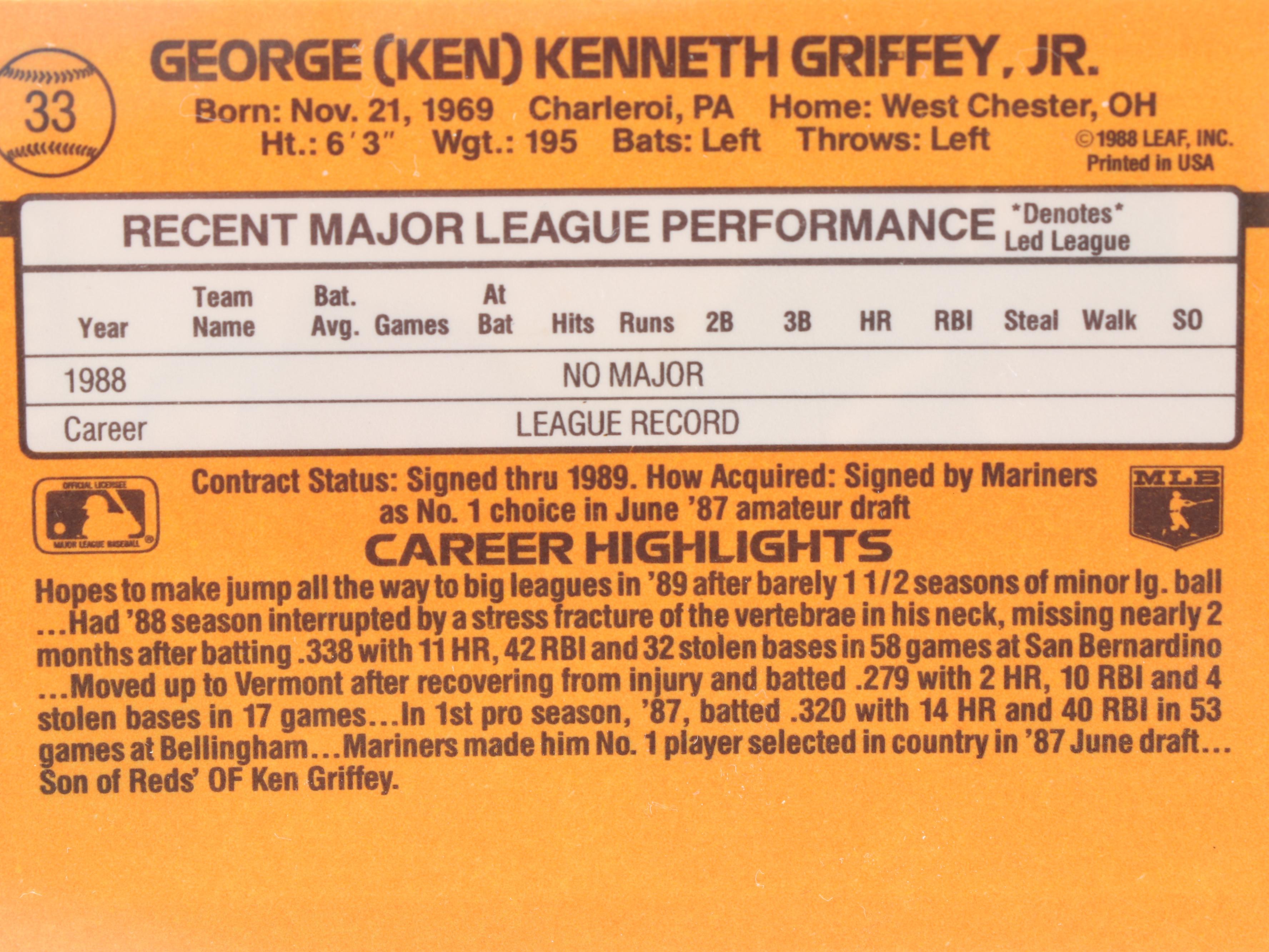 1989 (HOF) Ken Griffey Jr. Donruss "Rated Rookie" Baseball Cards