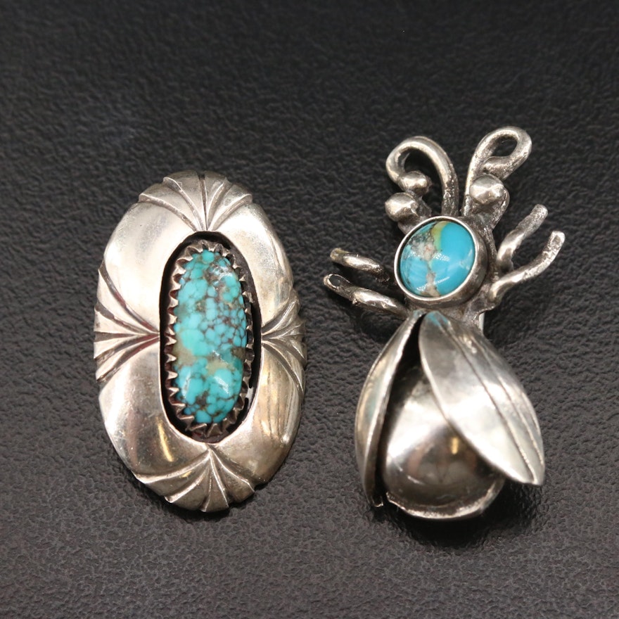 William T. Johnson Navajo Diné Sterling Turquoise Converter Pin with Insect Pin