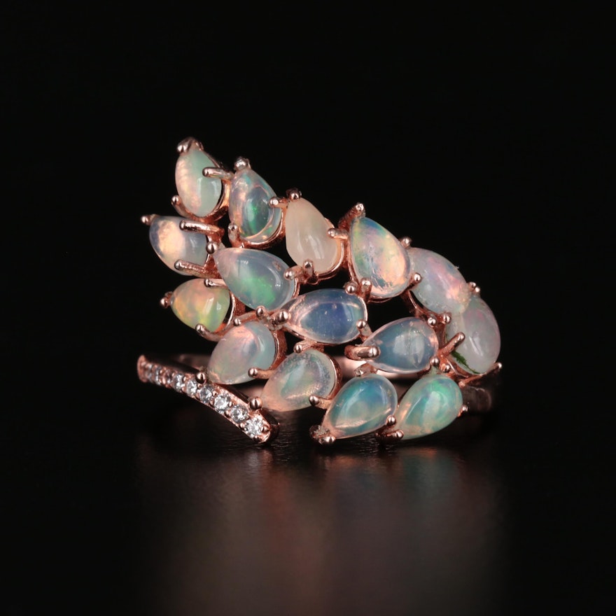 Sterling Opal and Cubic Zirconia Leaf Motif Ring