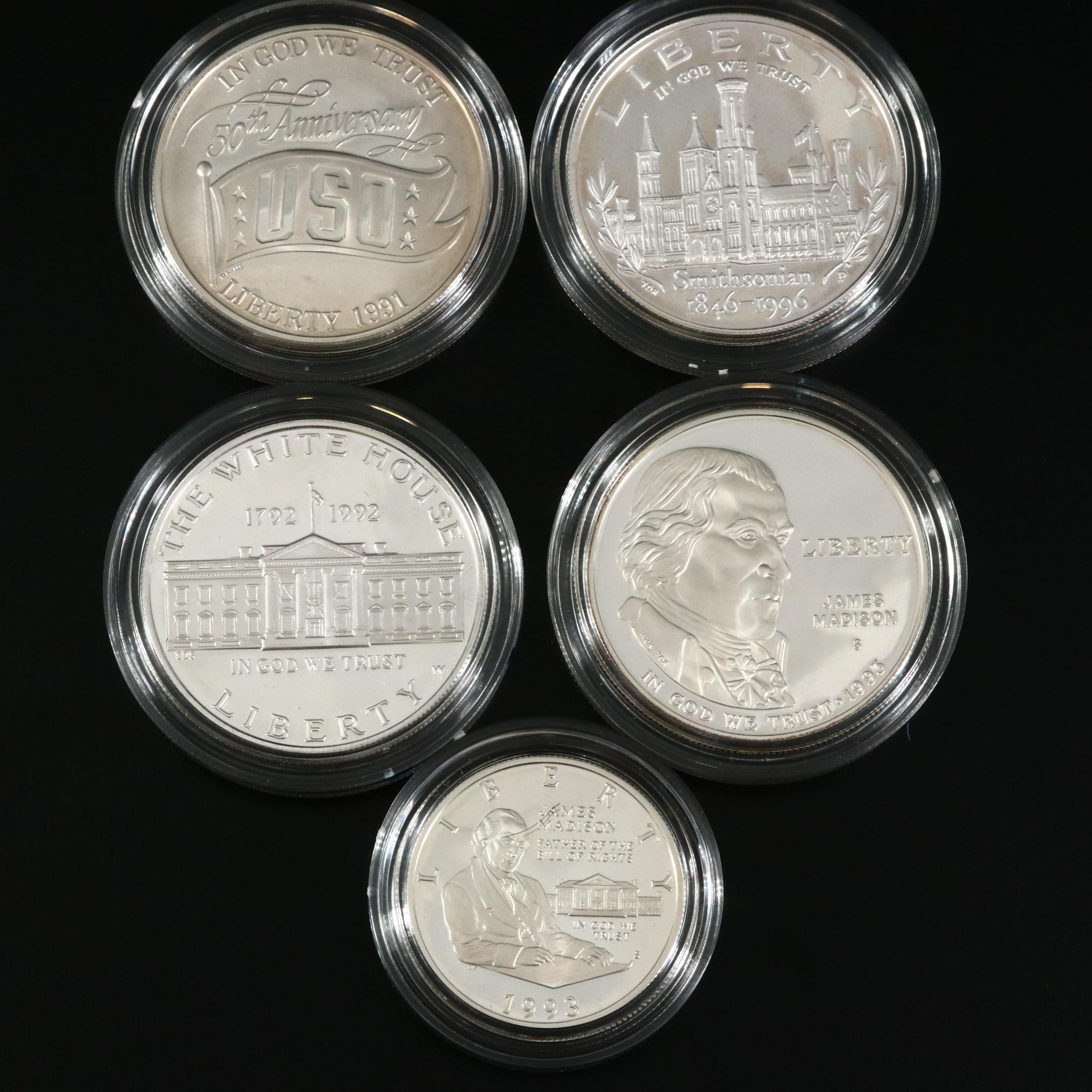 Four Modern U.S. Commemorative Proof Silver Dollars and One Proof Half Dollar