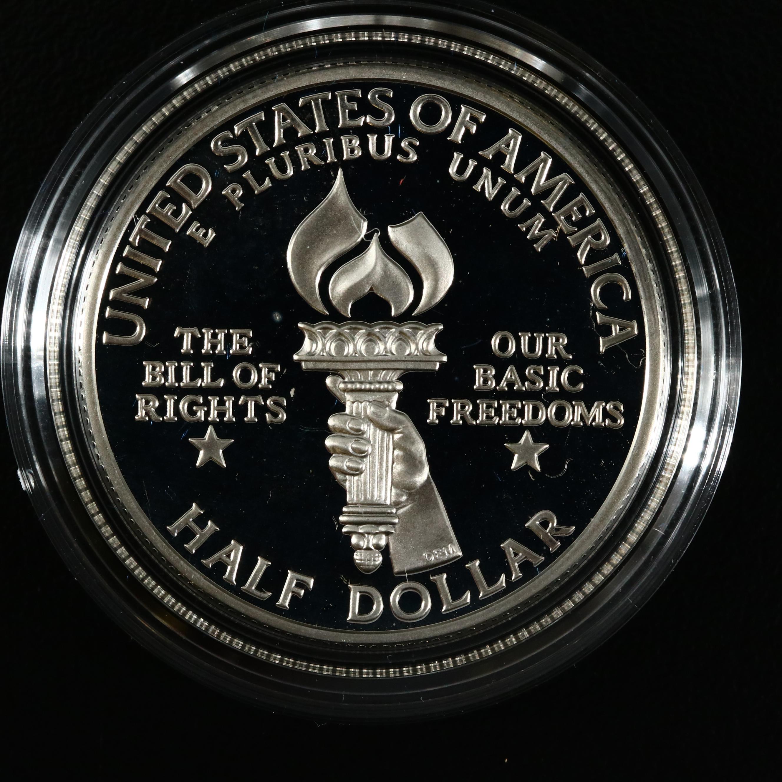 Four Modern U.S. Commemorative Proof Silver Dollars and One Proof Half Dollar