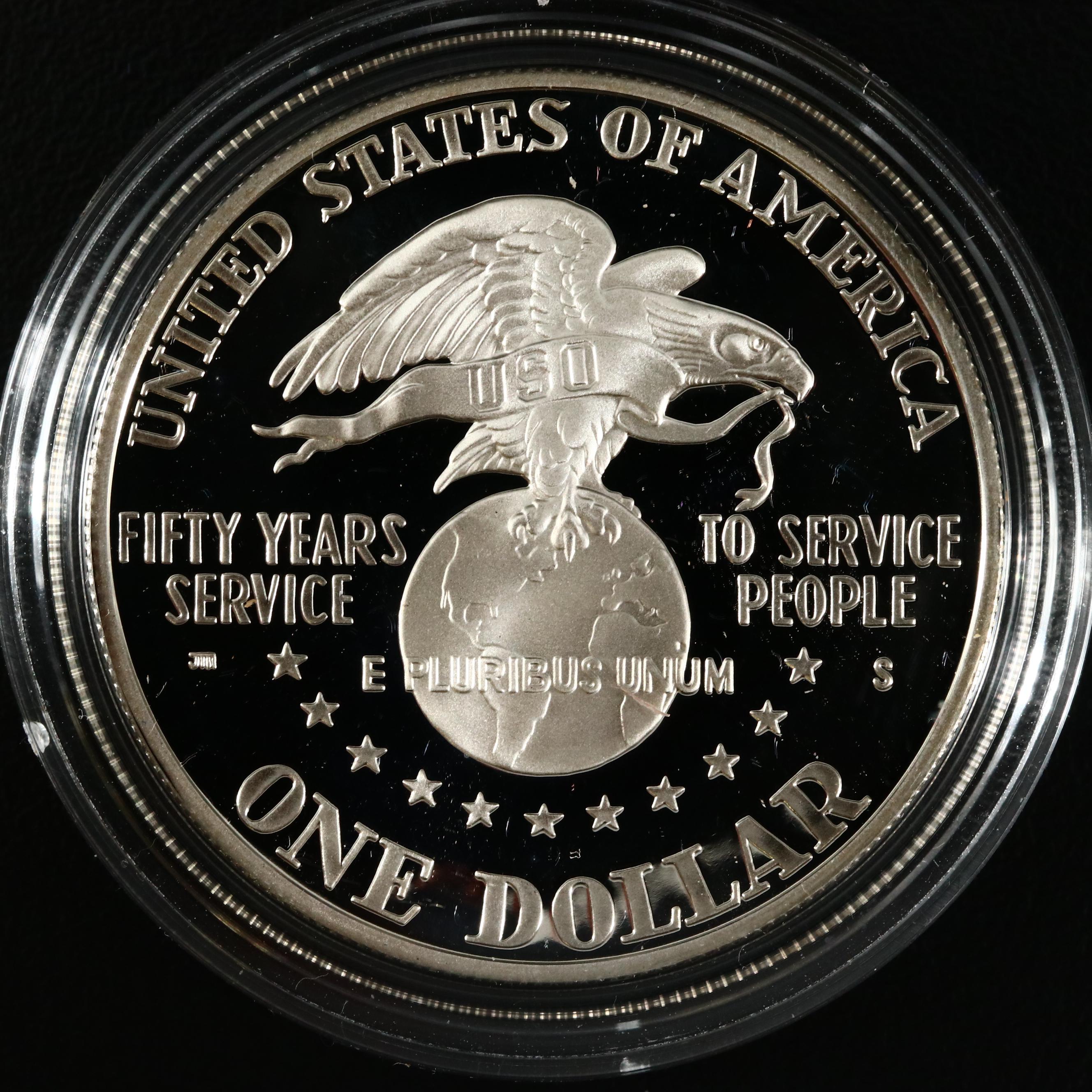 Four Modern U.S. Commemorative Proof Silver Dollars and One Proof Half Dollar