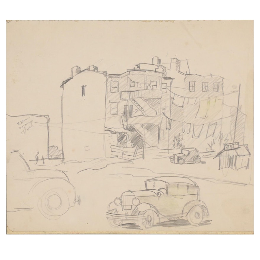 Henry Gasser Graphite Sketch of Street Scene, 20th Century