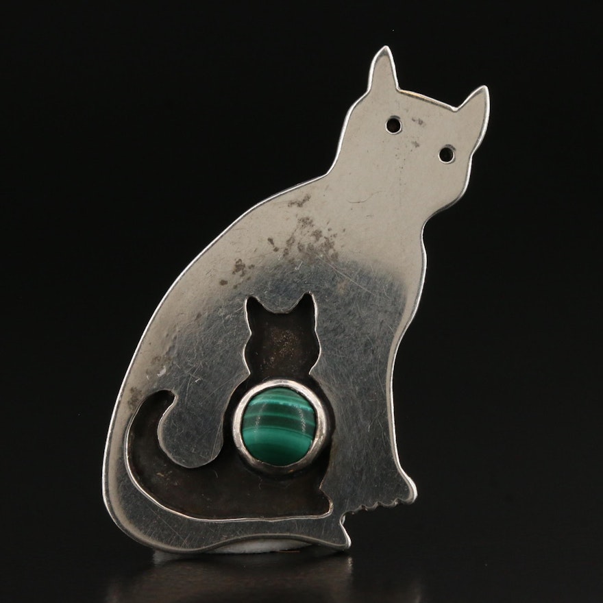 Western Style Sterling Silver Malachite Pierced Cat Pendant