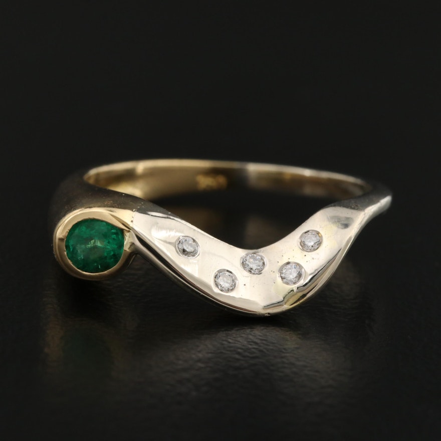 18K Two Tone Emerald and Diamond Wave Band